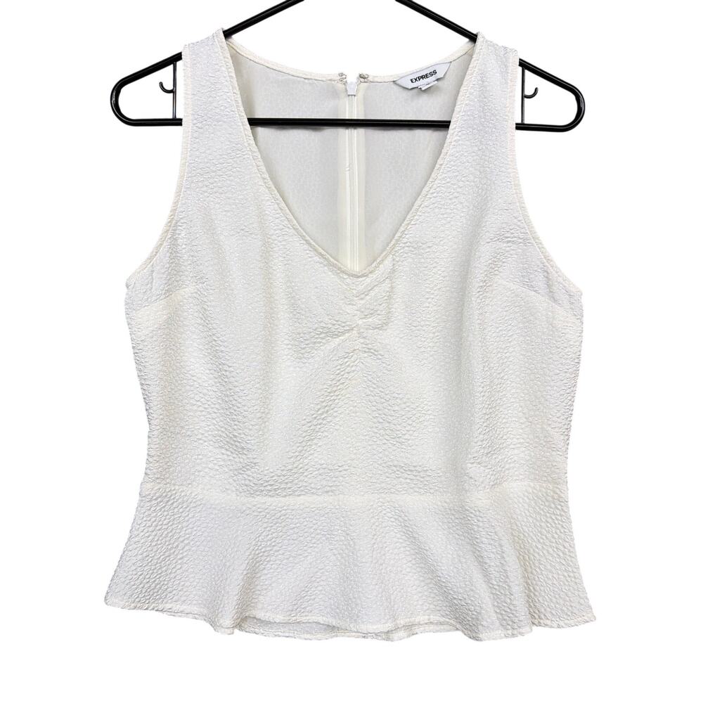 Express Womens Blouse Ivory Shiny Sleeveless V Neck Peplum Back Zip Medium
